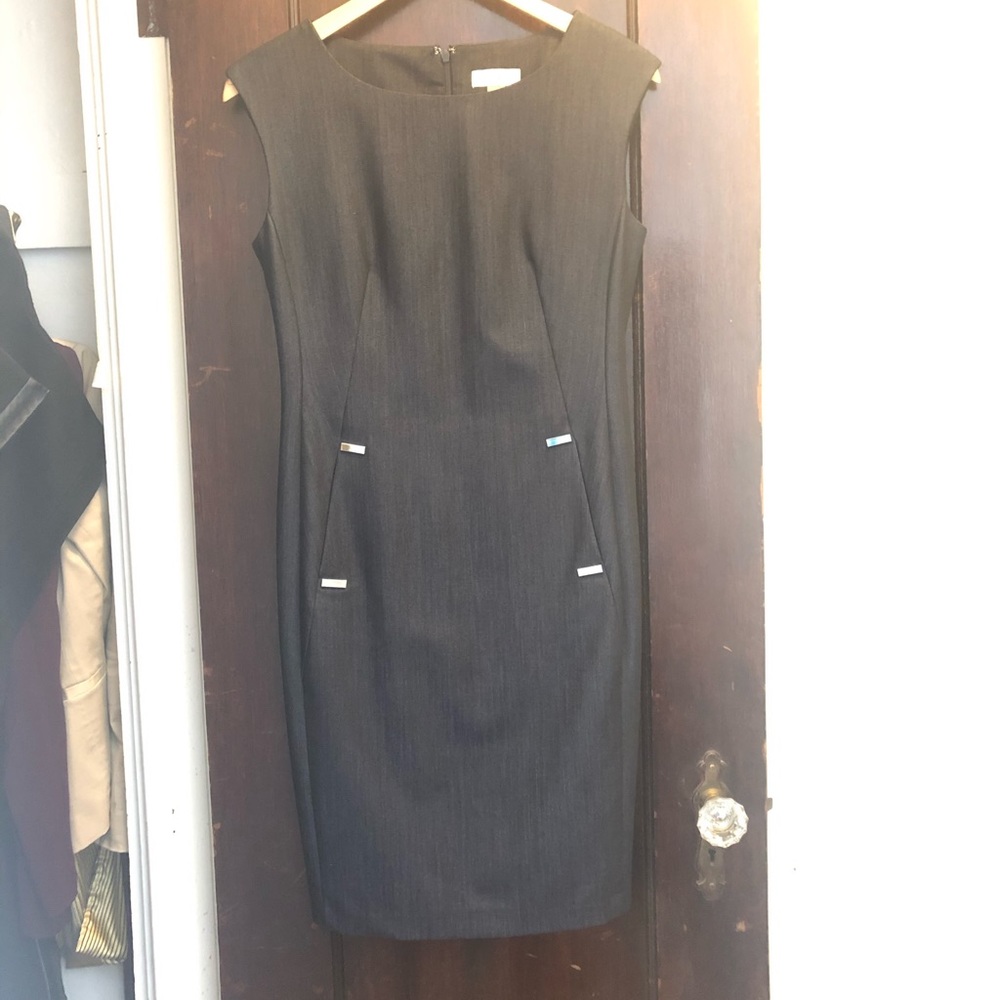 Blue/grey denim like wash work sheath dress.